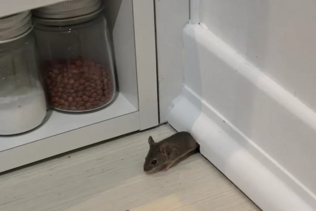 En mus kryper igenom en liten springa vid golvlisten i ett kök, ett vanligt problem att åtgärda när du förbereder huset in...