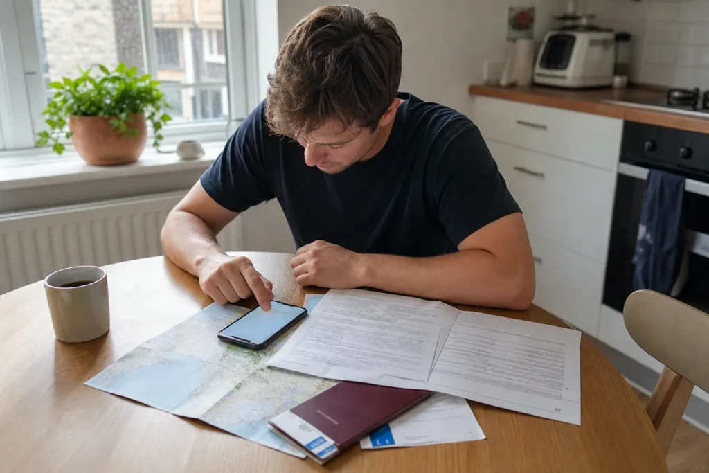 Person som sitter vid köksbordet och går igenom resehandlingar och försäkringspapper inför en utlandsresa.